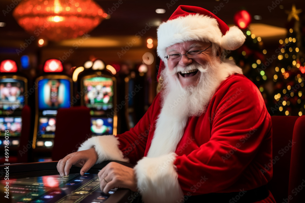 Happy Santa Claus winner playing slot machine, casino Christmas holiday. Happy Santa Claus winner playing slot machine, casino Christmas holiday.
