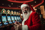 Happy Santa Claus winner playing slot machine, casino Christmas holiday.