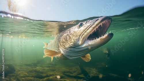 Predatory fish pike in habitat, under water looking for prey. Sport fishing concept. photo