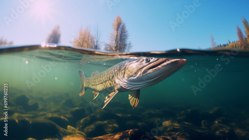 under water looking for prey Predatory fish pike in habitat. Sport fishing concept. photo