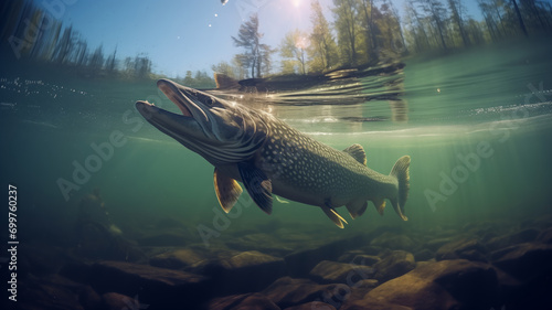 Predatory fish pike in habitat, under water looking for prey. Sport fishing concept. photo