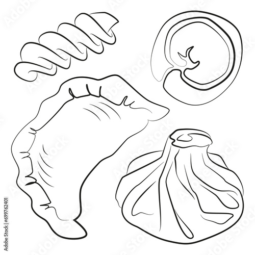 Dumplings vector illustration. Flour products line drawing. Pasta line icon. Khinkali minimalist art. Italian food sketch..