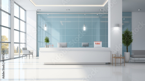 Front view of clean modern hospital corridor with big windows, rows of blue chairs and reception desk. Concept of healthcare. 3d rendering photo