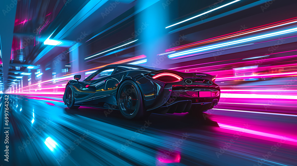 Super car of the future driving on a neon light road highway, digital car art concept Super car of the future driving on a neon light road highway, digital car art concept