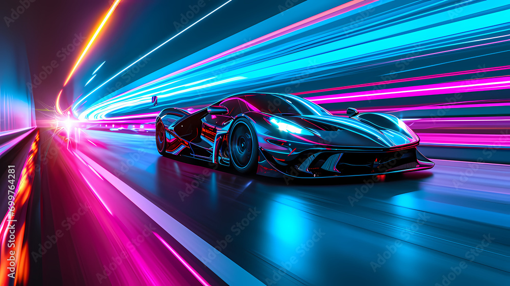 Super car of the future driving on a neon light road highway, digital car art concept
