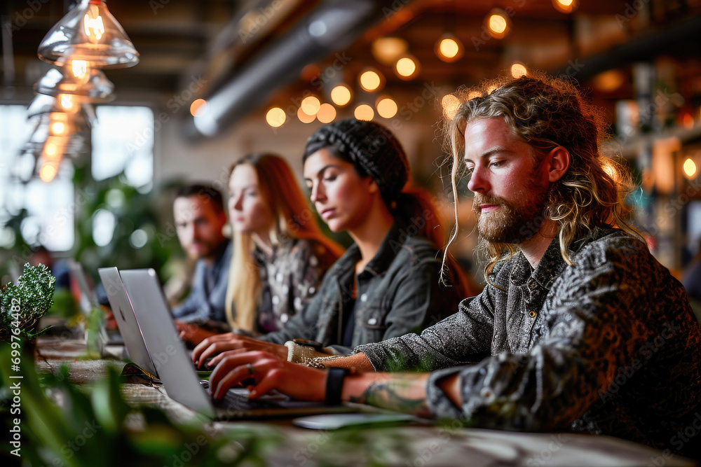 Obraz premium A group of young professionals working together on laptops in a modern, stylish coworking space filled with warm lights.