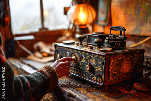 A person tunes an antique radio in a cozy indoor setting with a warm lamp and map in the background. photo