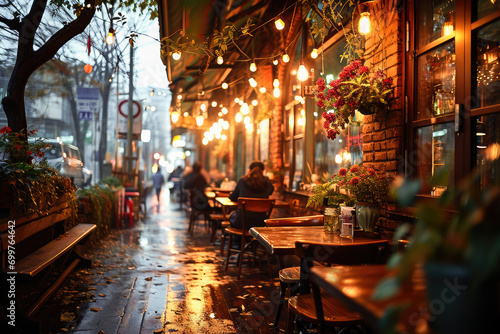 Cozy street cafe with warm lighting on a lively urban evening, inviting pedestrians to dine alfresco.
