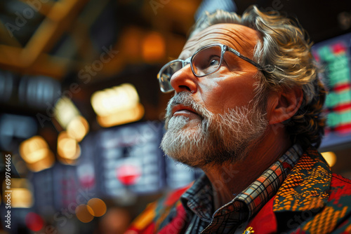 Portrait of a contemplative senior man with glasses, looking thoughtfully amidst stock market screens.