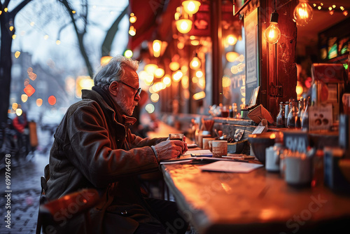 An elderly man enjoys reading a book at an outdoor coffee shop on a cozy urban evening, surrounded by warm ambient lighting.