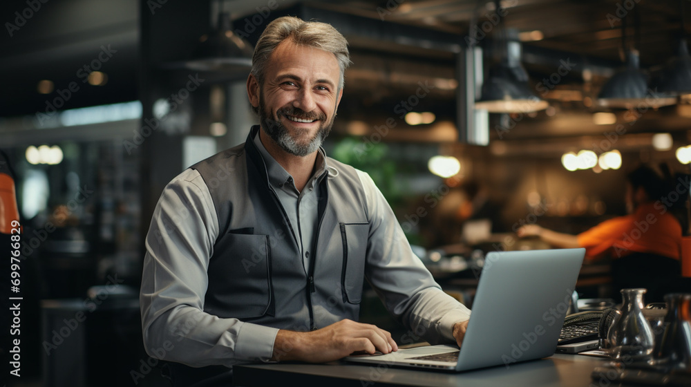Business portrait - businessman sitting in in office working with laptop computer. Mature age, middle age, mid adult man in 50s with happy confident smile. Copy space. Business portrait - businessman sitting in in office working with laptop computer. Mature age, middle age, mid adult man in 50s with happy confident smile. Copy space.