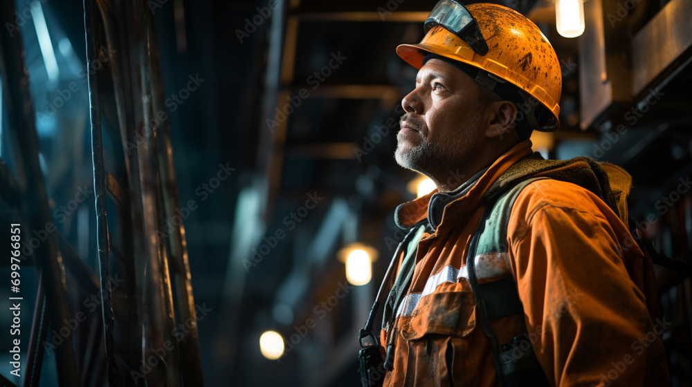 Fototapeta premium Portrait of a mining engineer inside the mine. Portrait of a miner