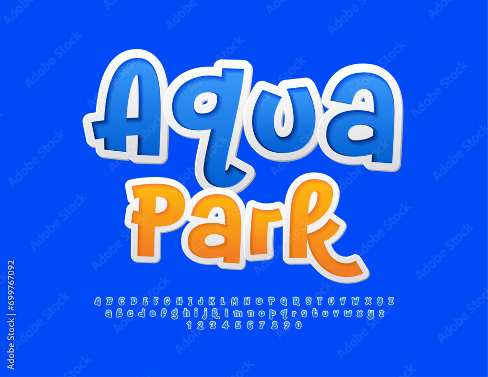 Vector playful logotype Aqua Park. Funny Blue Font. Bright handwritten Alphabet Letters and Numbers.