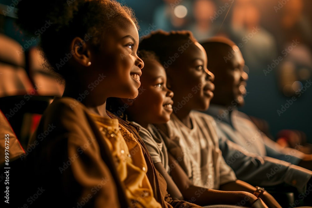 close up of a black family at the cinema enjoying a movie - obrazy, fototapety, plakaty 