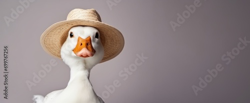 Closeup of white duck as country guy, wearing a straw hat. Studio shot on pastel background, banner with copy-space photo