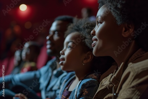 close up of a black family at the cinema enjoying a movie