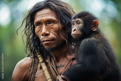 Amazonian Indian with a monkey photo