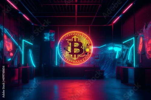 Futuristic neon Bitcoin banner for trade and mining with new record. Generative AI
