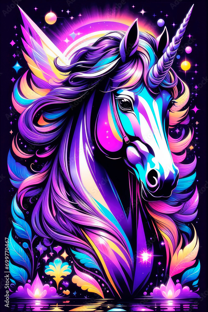 Animal graphic illustration. Abstract portrait of a cartoon unicorn in glowing neon style.