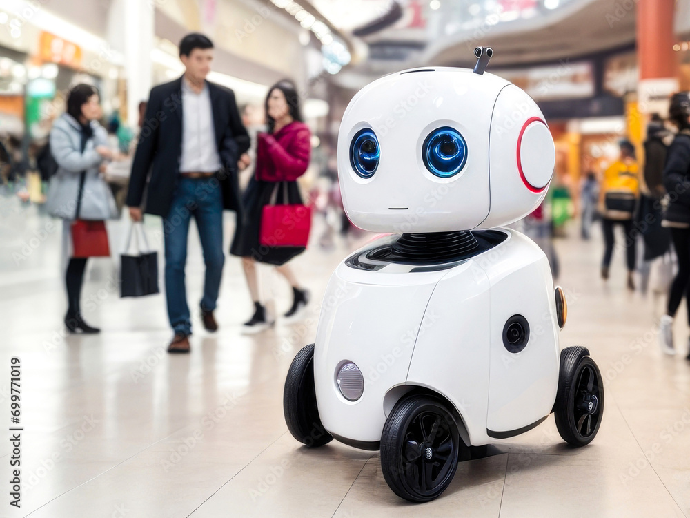 Little cute service robot with wheels, smart technology retail business concept, at a crowded shopping mall center Little cute service robot with wheels, smart technology retail business concept, at a crowded shopping mall center