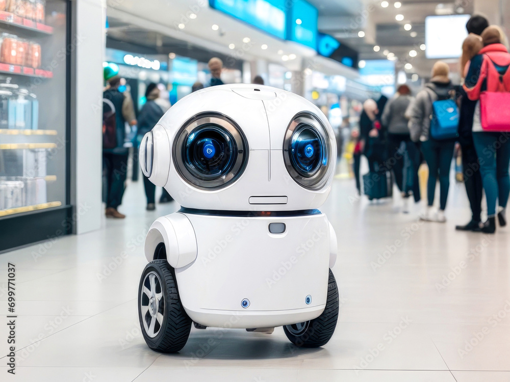 Little cute service robot with wheels, smart technology retail business concept, at a crowded shopping mall center Little cute service robot with wheels, smart technology retail business concept, at a crowded shopping mall center
