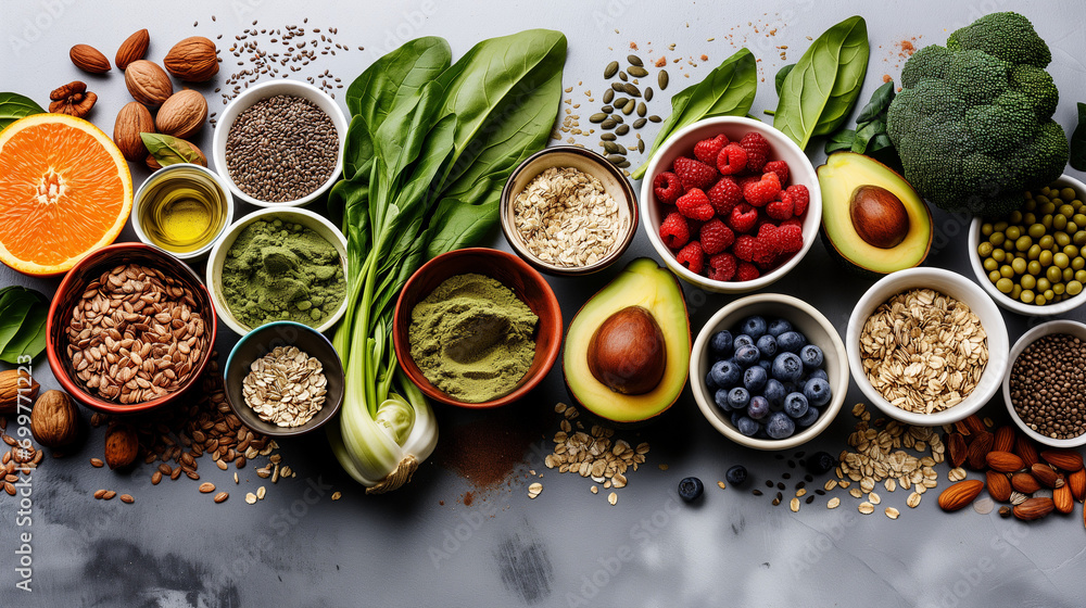 Obraz na płótnie Healthy food clean eating selection: fruit, vegetable, seeds, superfood, cereal, leaf vegetable on gray concrete background w salonie