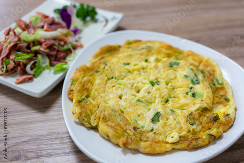 Green onion chicken egg omelette dish