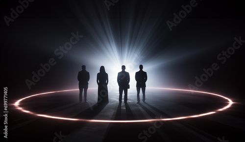 Silhouettes of selected standing individuals team within a glowing red circle, with a bright halo in the background. Powerful families directing the world and wielding influence in the shadows