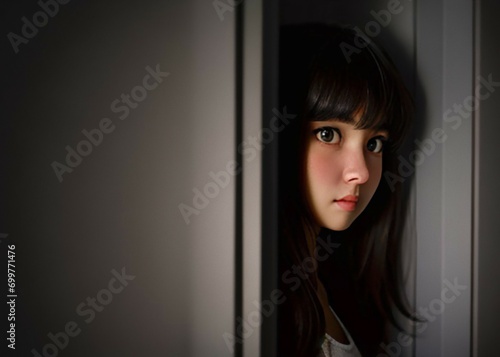 girl looks out from behind the door, frightened eyes, brunette, dark