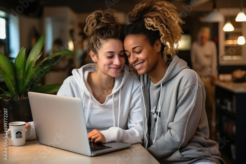 Young married multinational lesbians hugging using laptop at home