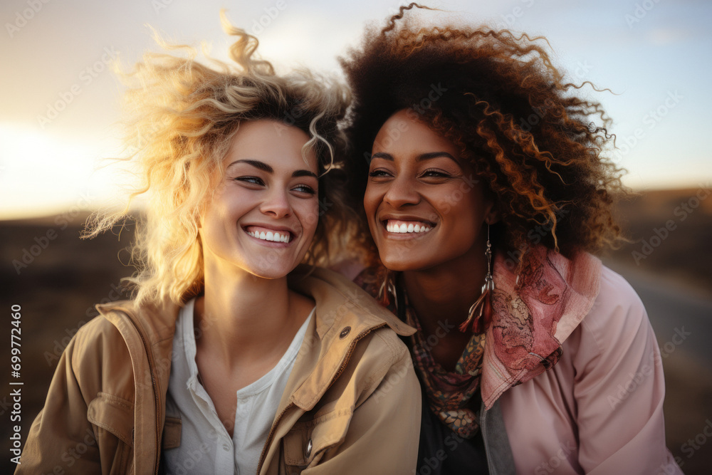 Portrait of two lesbian women hugging on the background of nature Portrait of two lesbian women hugging on the background of nature