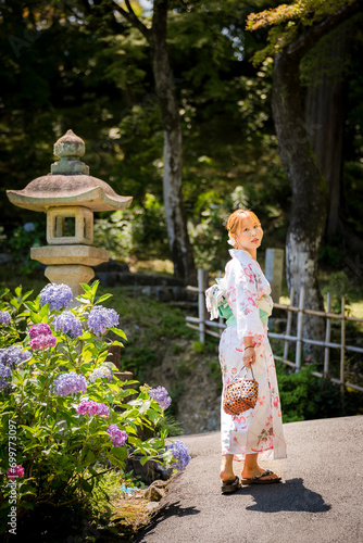 Portrait of a young woman wearing a Japanese yukata summer kimono in a hydrangea garden. Kyoto, Japan. soft blur background.