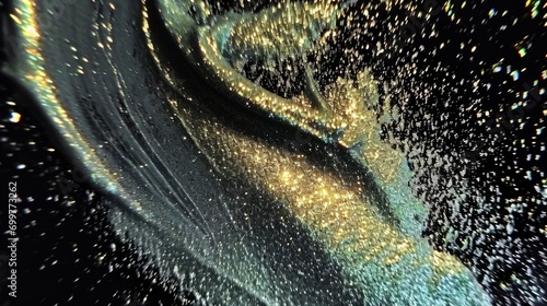 Golden Liquid Oil Glitter Brush stroke on black background. Shiny glowing marbled texture for beauty industry. 