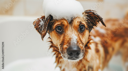 happy broan wet dog taking bath with soap foam on his head . white background. copy space	 photo