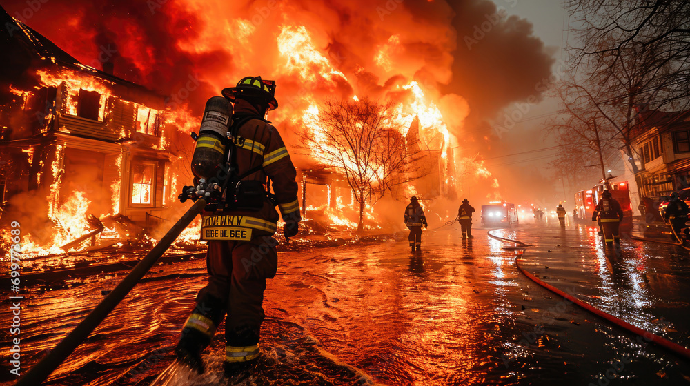 Firefighters tackling a massive blaze at night with powerful flames engulfing a building and smoke rising.