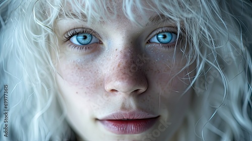 Portrait, albino girl with beautiful blue eyes. photo