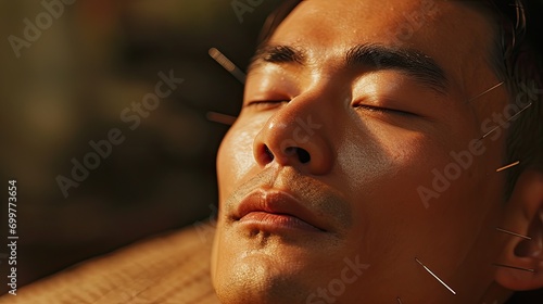 Asian man with needles in his head, in an acupuncture treatment. photo