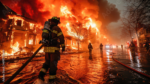 Firefighters tackling a massive blaze at night with powerful flames engulfing a building and smoke rising.