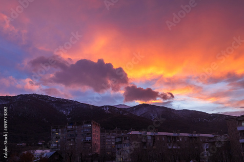 Colorful sky at winter sunset in Vanadzor photo