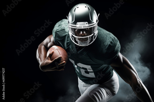 Portrait of American football player running with the ball. Muscular African American athlete in a green and white uniform with an ovoid ball in a dynamic pose. Isolated on black background.