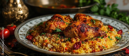 Plated view of contemporary Arabic chicken majboos with leg and jeweled rice.