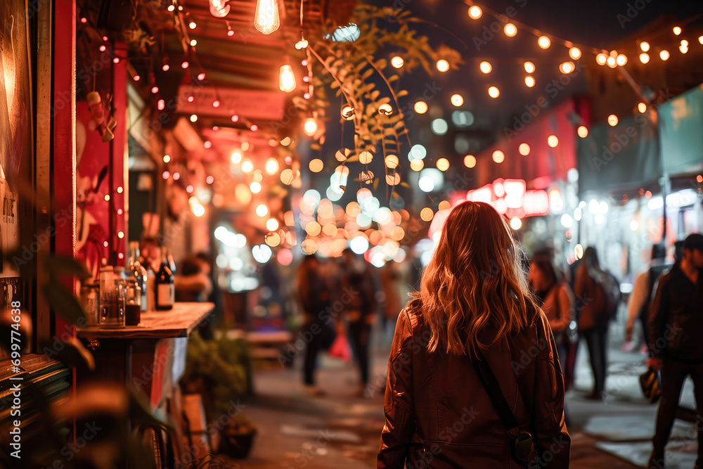 A young woman explores a bustling night market surrounded by the glow of street lights and lively atmosphere.