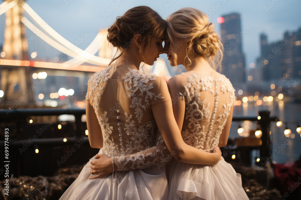 Naklejka premium Two Caucasian lesbians in wedding dresses on the background of city street