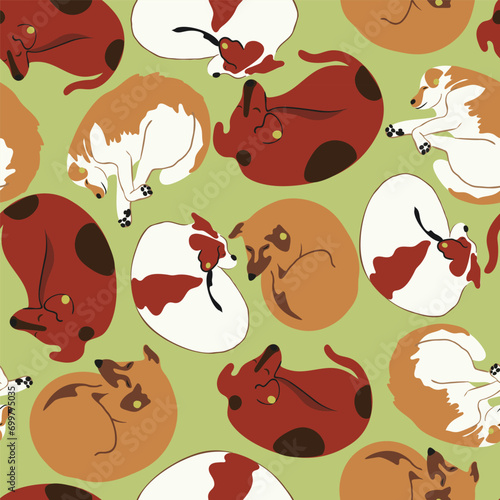 seamless pattern with dogs in vector. characters in flat style. Template for wrapping, wallpaper, background for app website. A series of furry dogs