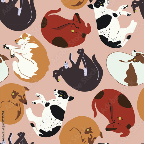 seamless pattern with dogs in vector. characters in flat style. Template for wrapping, wallpaper, background for app website. A series of furry dogs