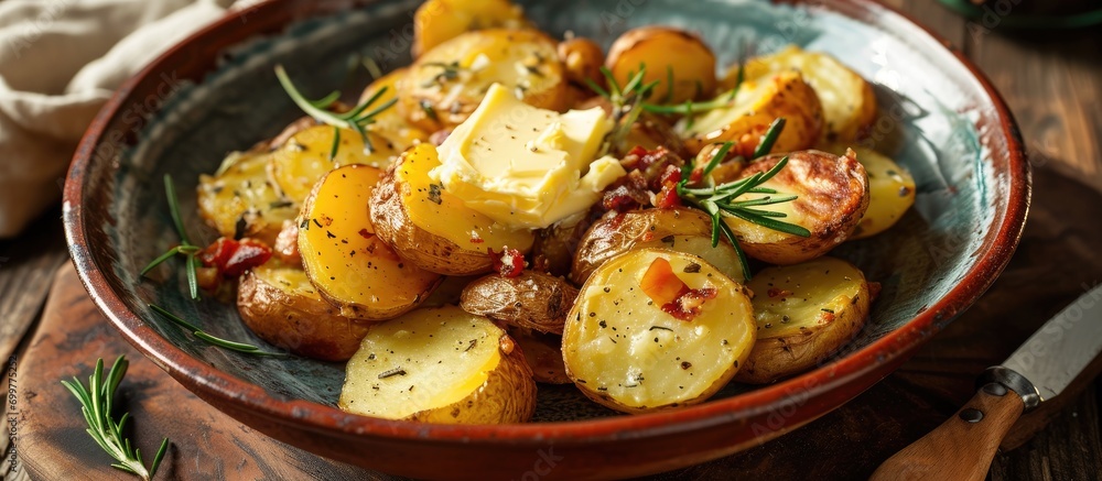 Potato with homemade butter, served. Potato with homemade butter, served.