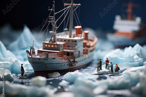 Icy Expedition: Miniature Toy Icebreaker in the Ice Ocean. Arctic concept small toy scene with macro photo miniature of a tiny icebreaker navigating through the ice-covered ocean.