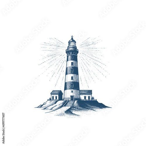 Handdrawn illustration of a lighthouse with houses beside it in cross hatching style
