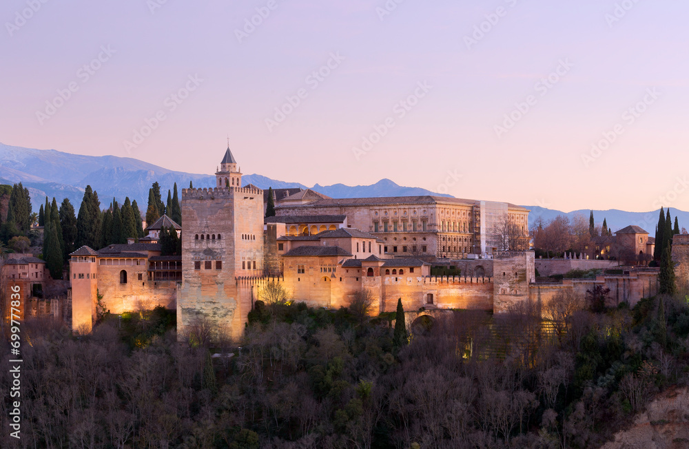 Illuminated Alhambra Fortress Aerial View at Dusk, Granada, Andalusia, Spain