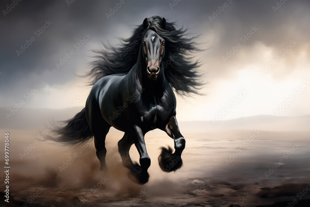 beautiful wild shiny black stallion horse
